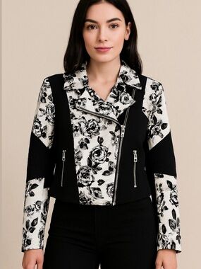 Aritzia Wilfred Black White Floral Montesson Moto Crepe Jacket - Sz 6